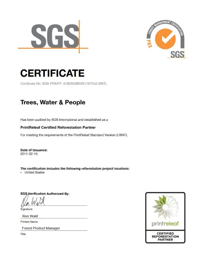 SGS Certificate, PrintReleaf, Carraway Office Solutions
