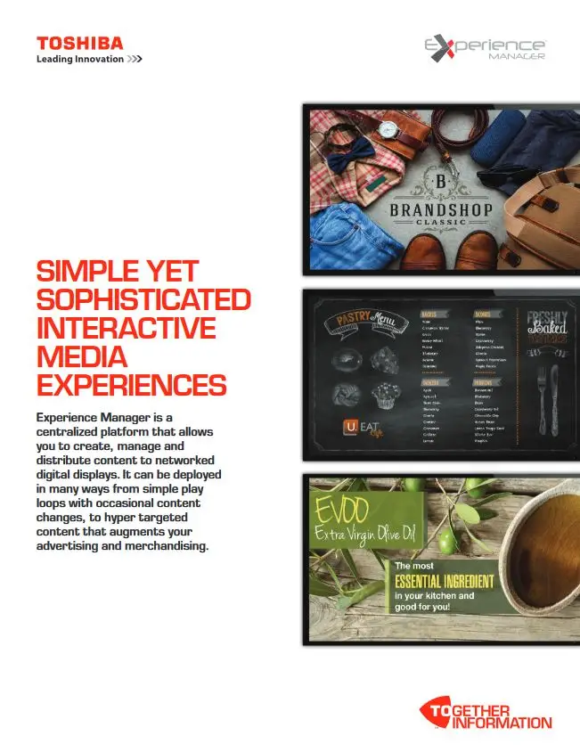 Experience Manager, Brochure, Digital Signage, Toshiba, Carraway Office Solutions