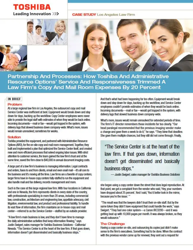 Law Firm, Success Story, Industry Solutions, Vertical Markets, Legal, Toshiba, Carraway Office Solutions