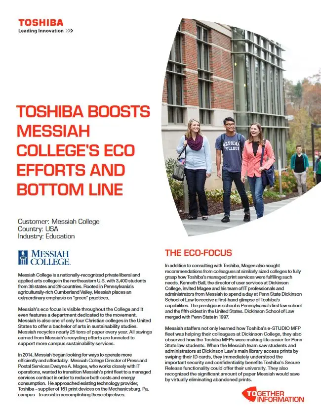 Messiah College, Eco Efforts, Industry Solutions, Vertical Markets, Toshiba, Carraway Office Solutions