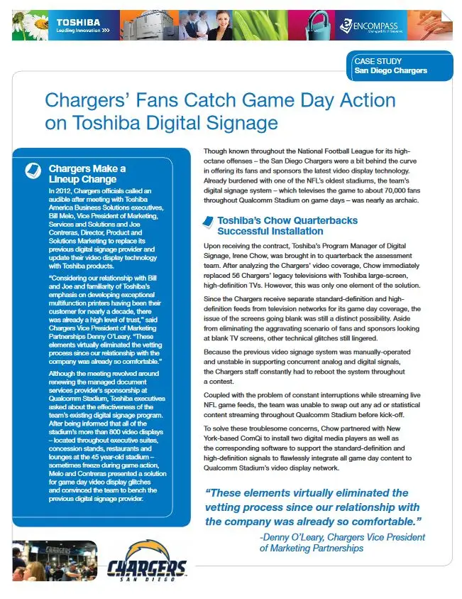 San Diego Chargers, Digital Signage, Toshiba, Carraway Office Solutions